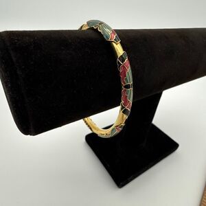 Vintage Cloisonné Enamel Floral Bangle Bracelet Gold Tone Hinged 2.5” Diameter